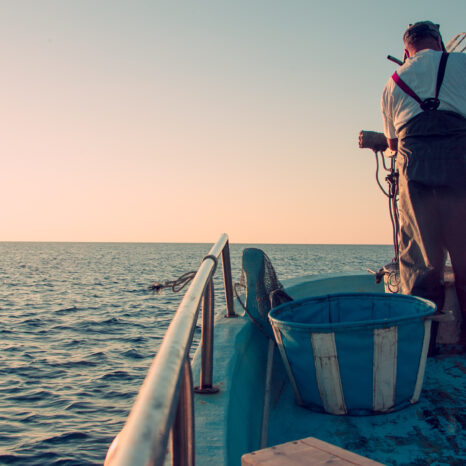 Pêcheur en Nouvelle-Aquitaine pratiquant une pêche durable en mer au lever du soleil, symbole de respect des ressources marines