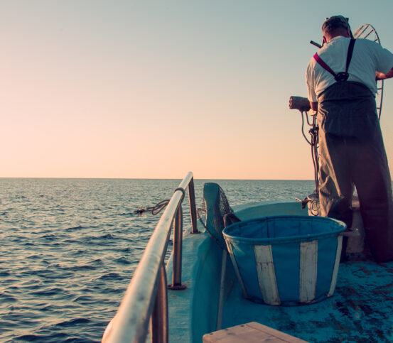 Pêcheur en Nouvelle-Aquitaine pratiquant une pêche durable en mer au lever du soleil, symbole de respect des ressources marines